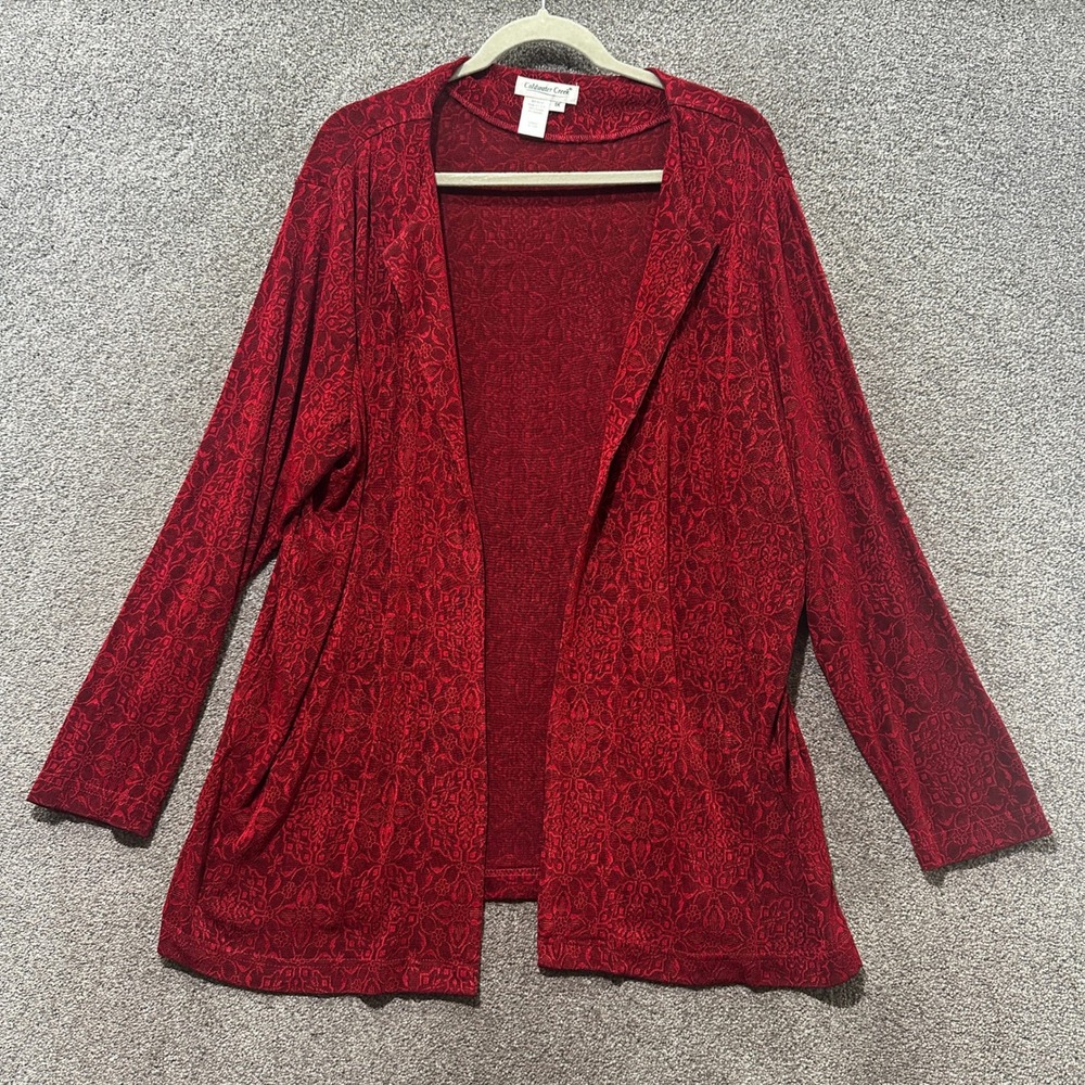 Coldwater Creek Cardigan Sweater Jacketr Women 1X Red Damask Open Front Romantic